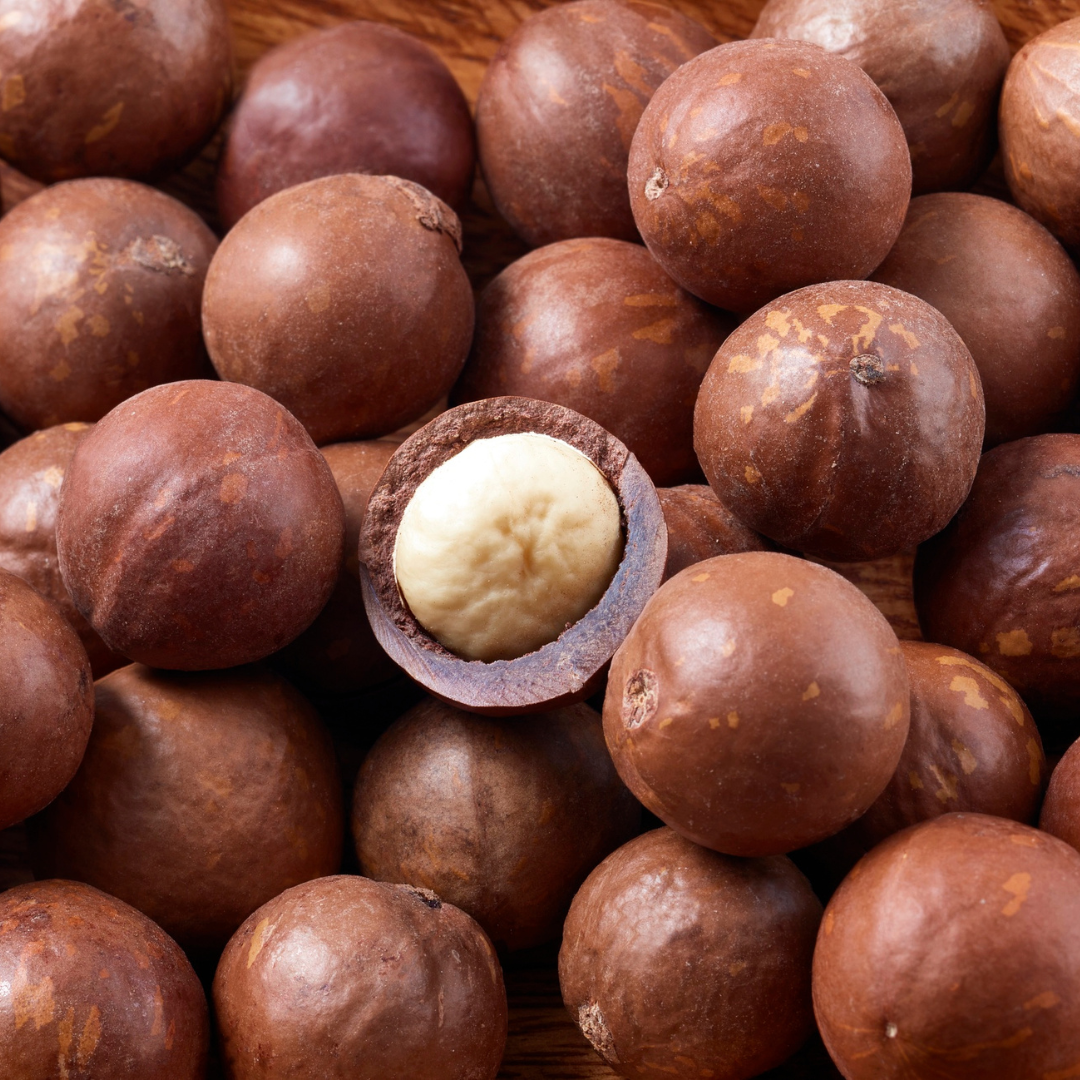 Close-up of macadamia nuts with one cracked open, revealing the creamy white kernel inside, surrounded by whole brown shells.