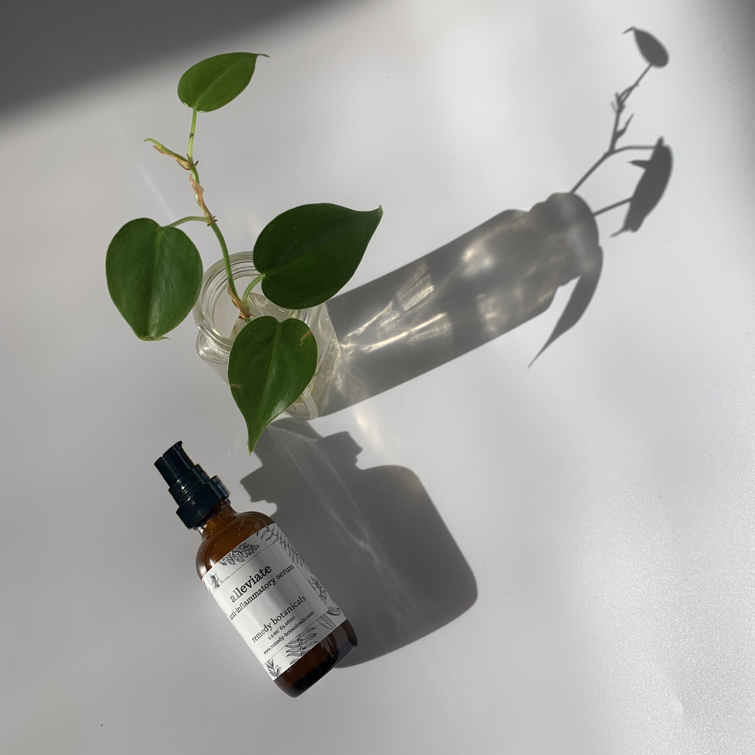 Top view of a bottle of Alleviate serum lying down beside a vase filled with green leaves.
