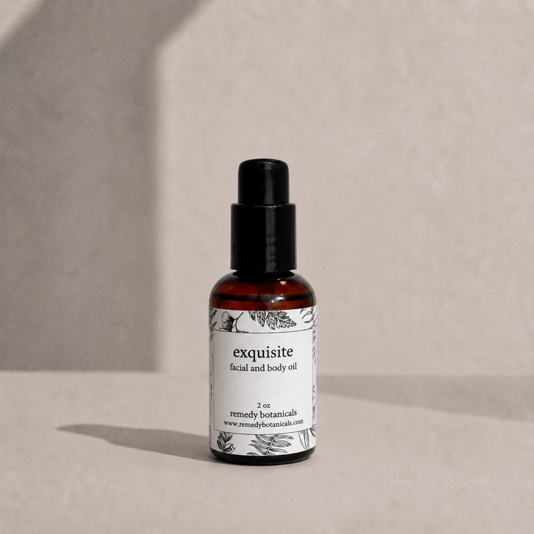 Exquisite in an amber plastic pump bottle on a soft beige background.