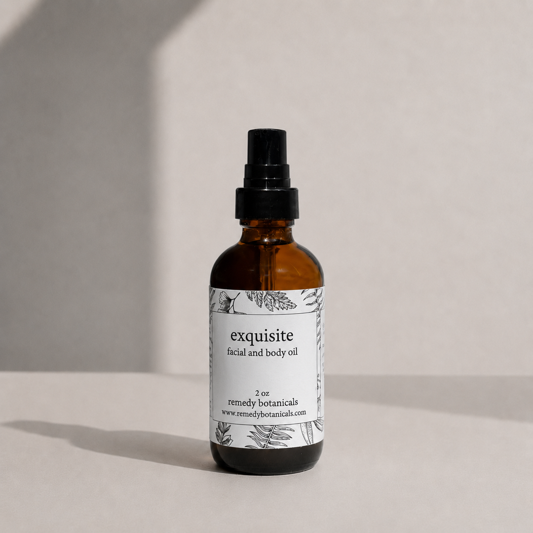 An amber glass bottle of exquisite on a soft beige background with natural light