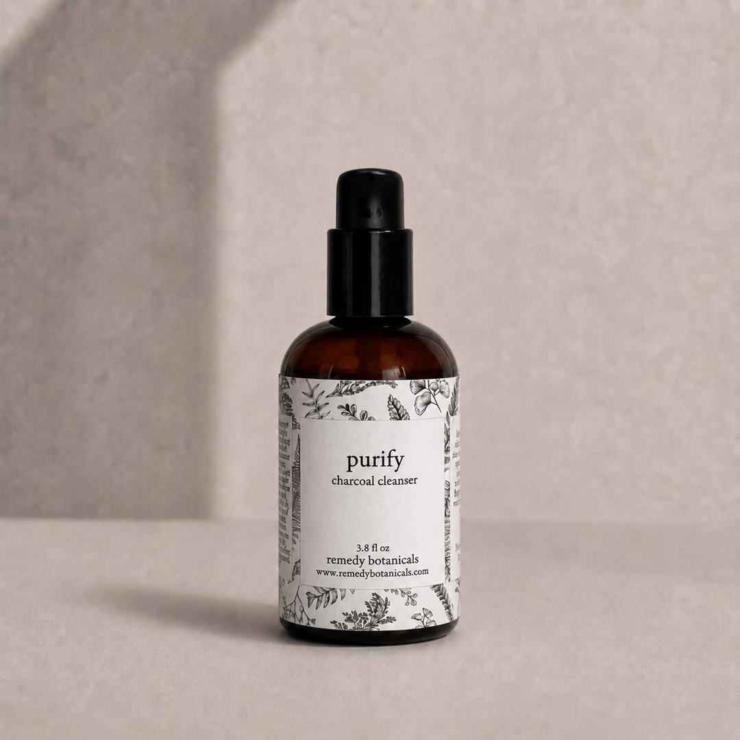 Purify in an amber plastic pump bottle on a soft beige background.