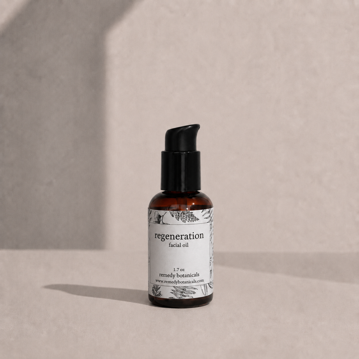 Regeneration in an amber plastic pump bottle on a soft beige background.