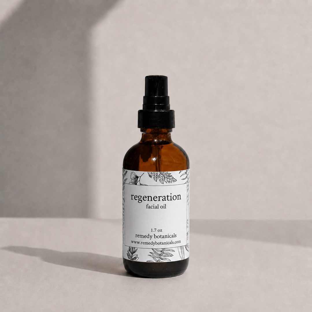 An amber glass bottle of regeneration on a soft beige background with natural light.
