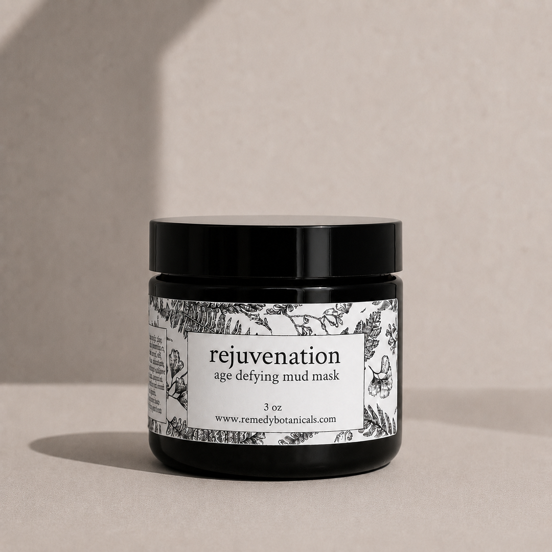 Jar of 'rejuvenation' with a label on a beige background