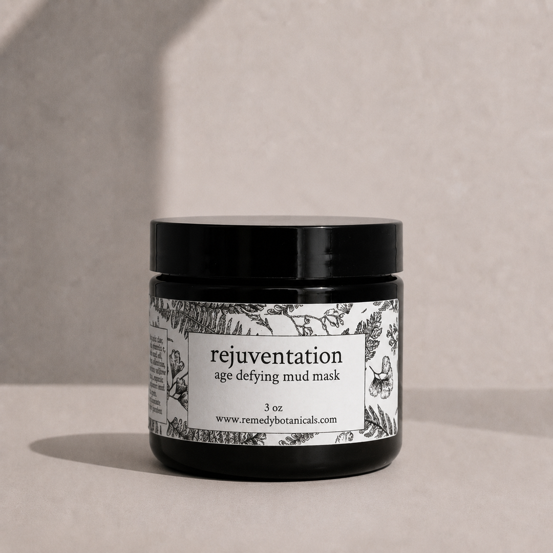 Jar of 'rejuvenation' with a label on a beige background