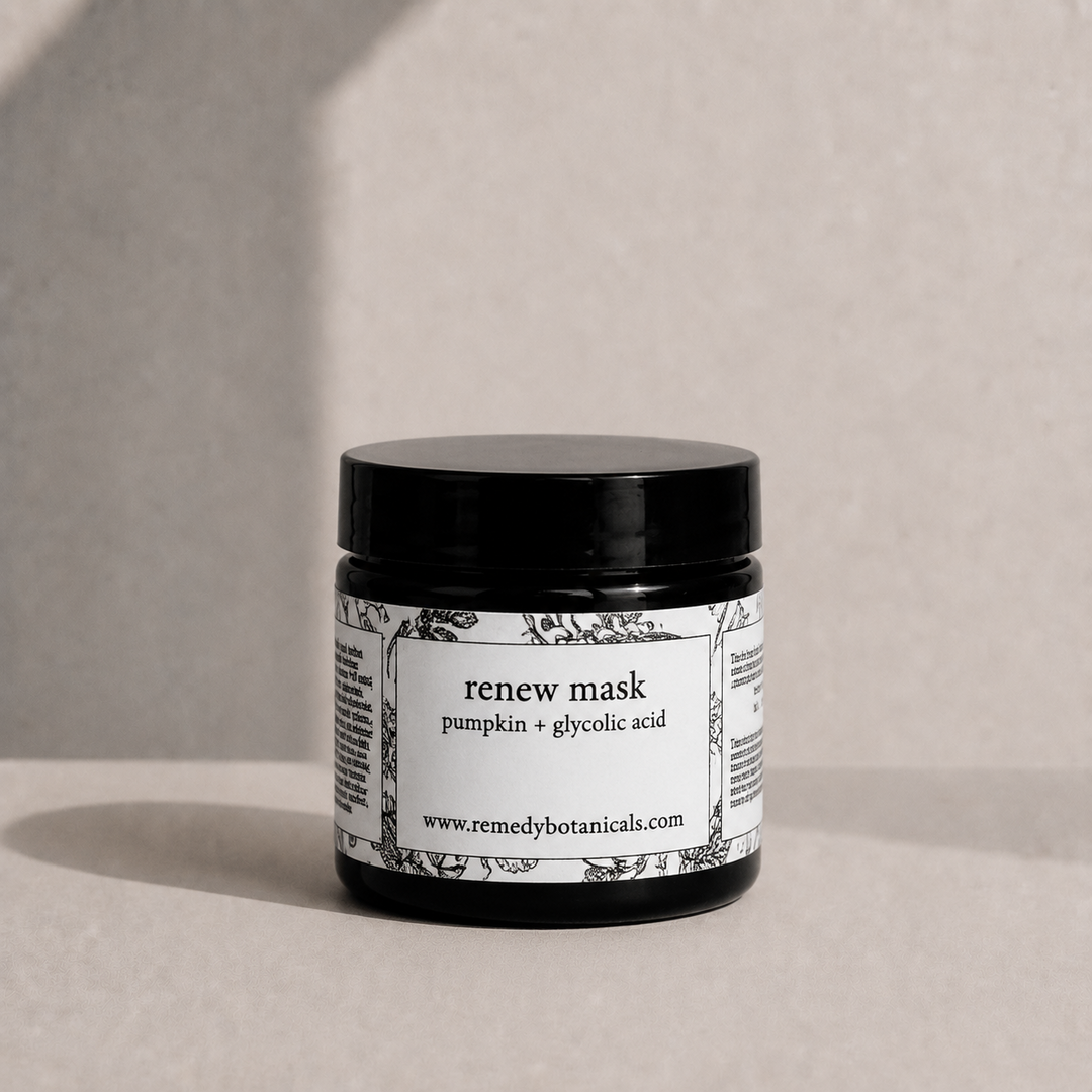 Jar of 'renew mask' with pumpkin and glycolic acid on a neutral background