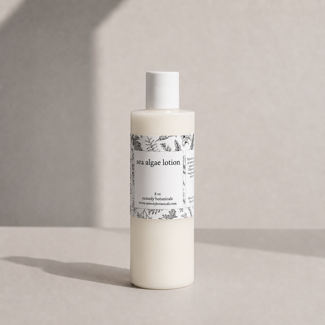 A white bottle sea algae lotion on a soft beige background with natural light.