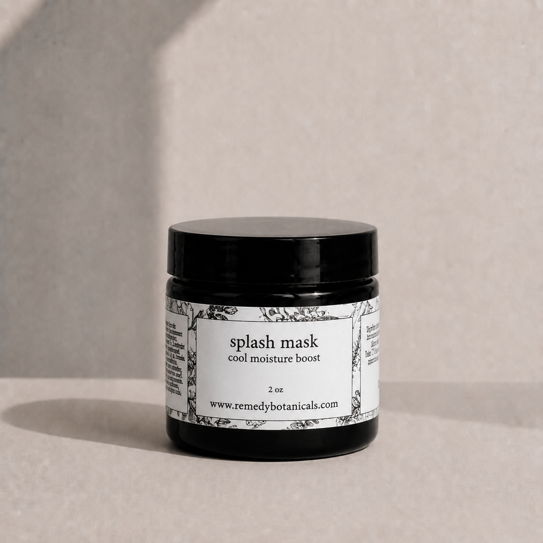 Jar of 'splash mask' with a label on a beige background